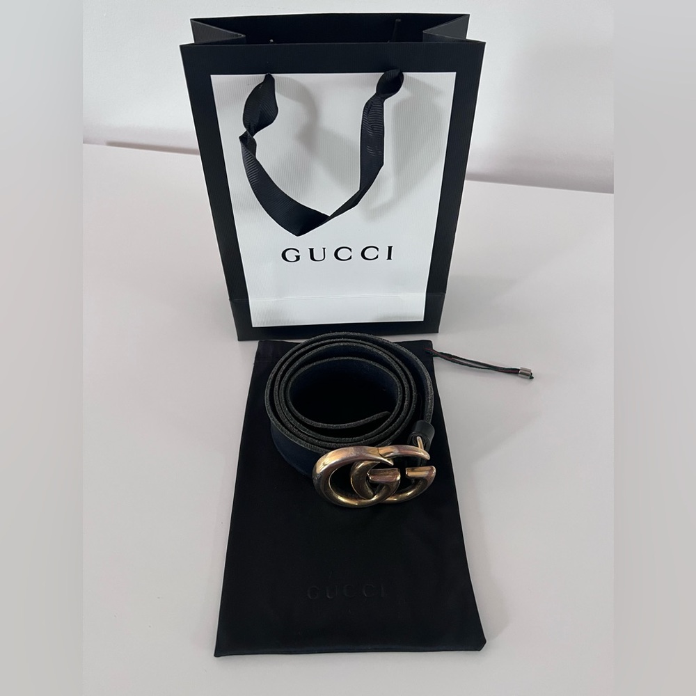 Gucci Marmont Distressed Gold Buckle Black Leather Wide Belt 95 CM Unisex
